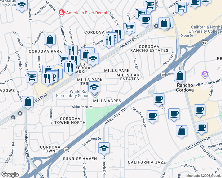 map of restaurants, bars, coffee shops, grocery stores, and more near 10517 Silverwood Way in Rancho Cordova