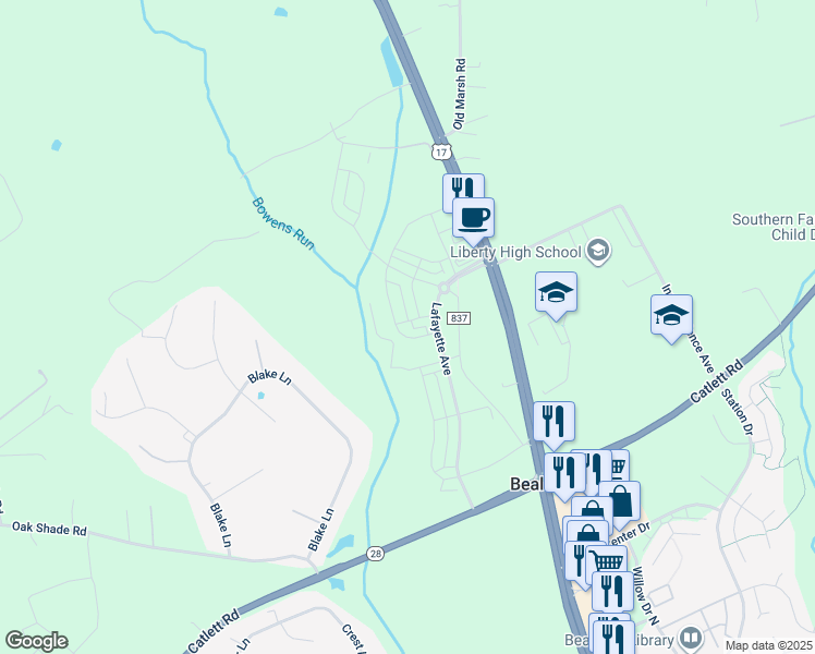 map of restaurants, bars, coffee shops, grocery stores, and more near 9026 Randolph Circle in Bealeton