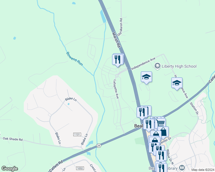 map of restaurants, bars, coffee shops, grocery stores, and more near 9026 Randolph Circle in Bealeton