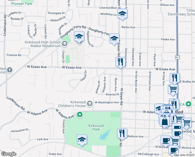 map of restaurants, bars, coffee shops, grocery stores, and more near 474 Wilcox Avenue in Kirkwood