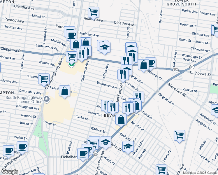 map of restaurants, bars, coffee shops, grocery stores, and more near 4344 Beethoven Avenue in St. Louis