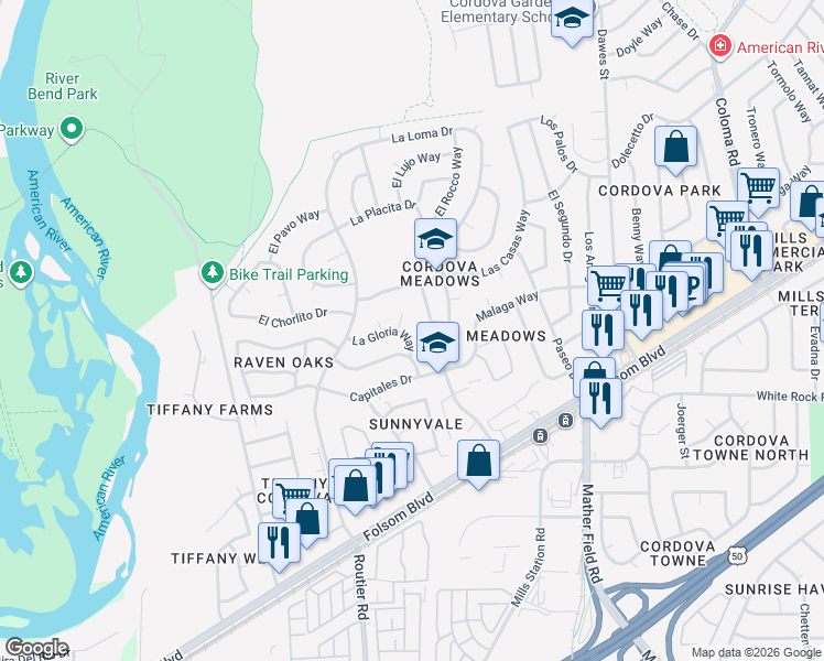 map of restaurants, bars, coffee shops, grocery stores, and more near 10154 La Gloria Way in Rancho Cordova