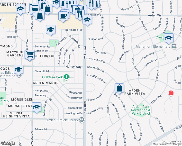 map of restaurants, bars, coffee shops, grocery stores, and more near 3531 Los Alamos Way in Sacramento