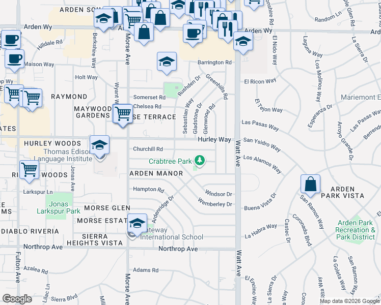map of restaurants, bars, coffee shops, grocery stores, and more near 3244 Churchill Road in Sacramento