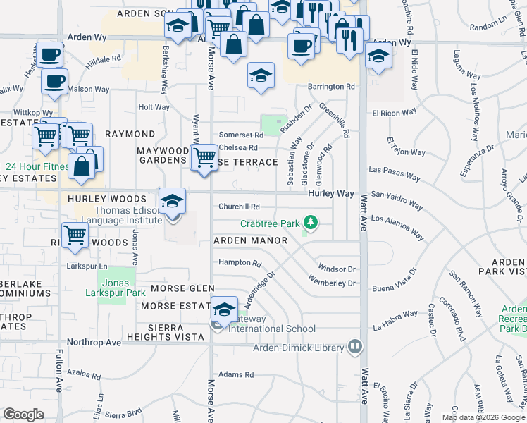 map of restaurants, bars, coffee shops, grocery stores, and more near 3217 Windsor Drive in Sacramento