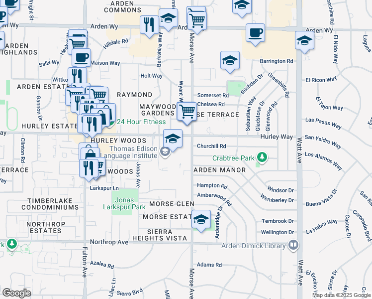 map of restaurants, bars, coffee shops, grocery stores, and more near 2950 Hurley Way in Sacramento