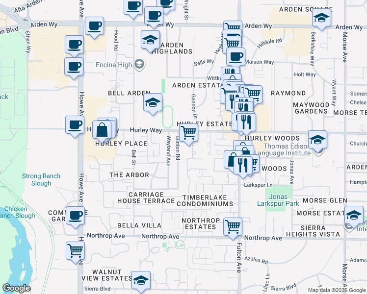 map of restaurants, bars, coffee shops, grocery stores, and more near 1213 Clinton Road in Sacramento