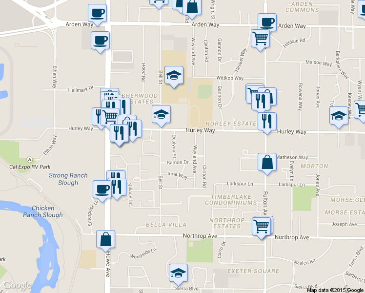 map of restaurants, bars, coffee shops, grocery stores, and more near 2340 Hurley Way in Sacramento