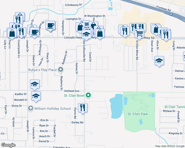 map of restaurants, bars, coffee shops, grocery stores, and more near 100 Autumn Pine Drive in Fairview Heights