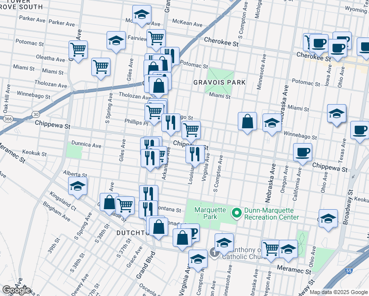 map of restaurants, bars, coffee shops, grocery stores, and more near 3420 Chippewa Street in St. Louis