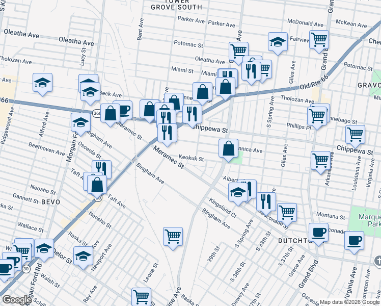 map of restaurants, bars, coffee shops, grocery stores, and more near 4013 Keokuk Street in St. Louis