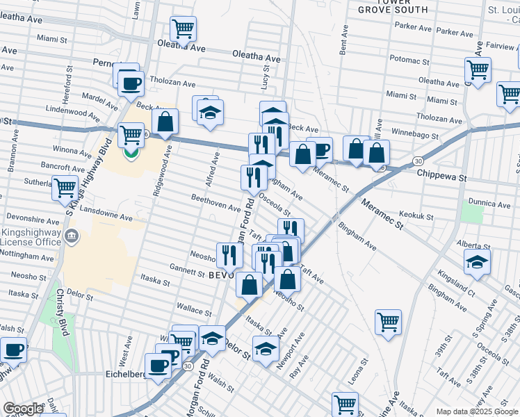 map of restaurants, bars, coffee shops, grocery stores, and more near 4233 Beethoven Avenue in St. Louis