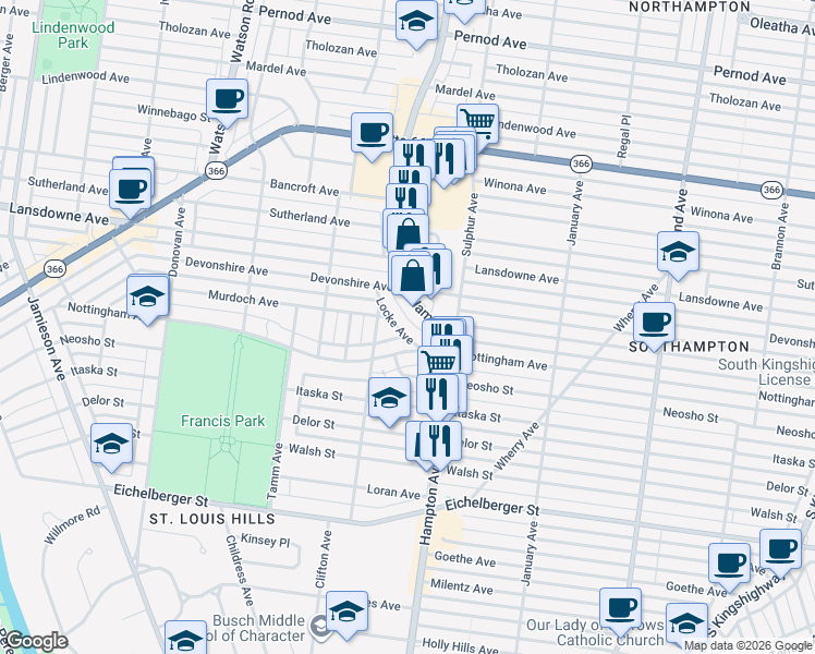 map of restaurants, bars, coffee shops, grocery stores, and more near 4724 Locke Avenue in St. Louis