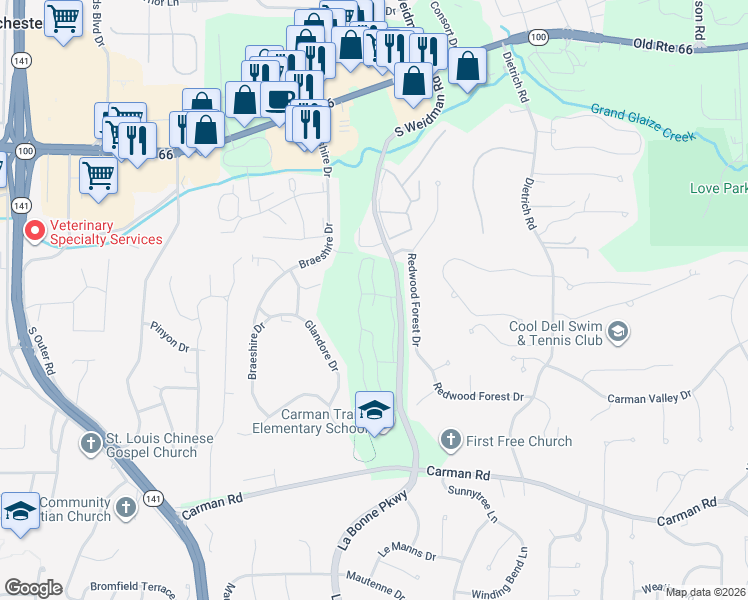 map of restaurants, bars, coffee shops, grocery stores, and more near 414 Point Return Drive in Ballwin