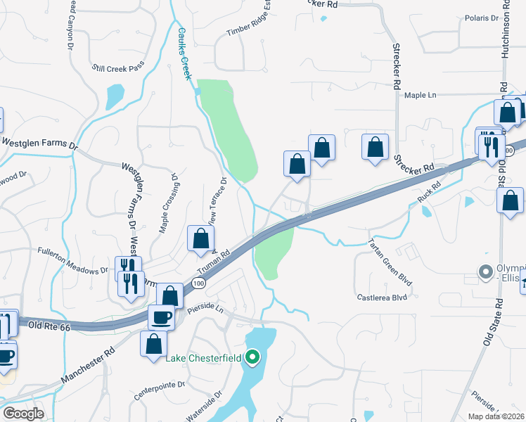 map of restaurants, bars, coffee shops, grocery stores, and more near 16318 Truman Road in Ellisville
