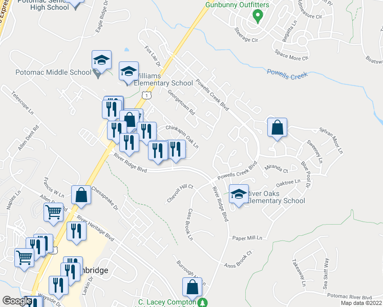 map of restaurants, bars, coffee shops, grocery stores, and more near 2887 Chinkapin Oak Lane in Woodbridge