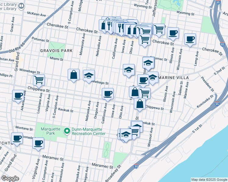 map of restaurants, bars, coffee shops, grocery stores, and more near 3730 California Avenue in St. Louis