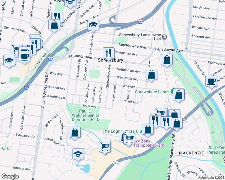 map of restaurants, bars, coffee shops, grocery stores, and more near 5015 Deville Avenue in St. Louis