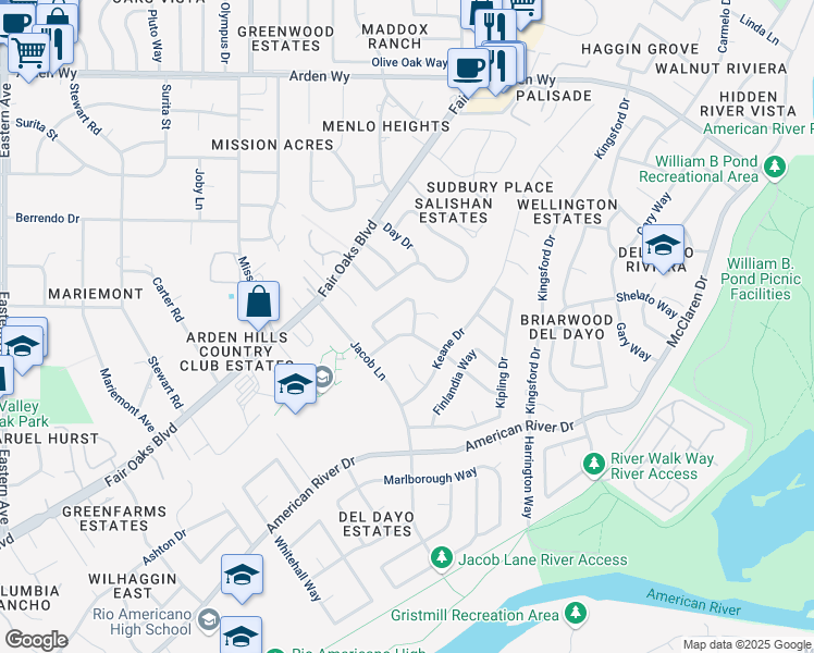 map of restaurants, bars, coffee shops, grocery stores, and more near 1256 Macaulay Drive in Carmichael