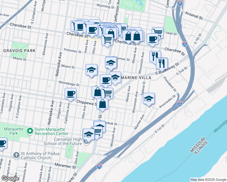 map of restaurants, bars, coffee shops, grocery stores, and more near 3712 South Broadway in St. Louis