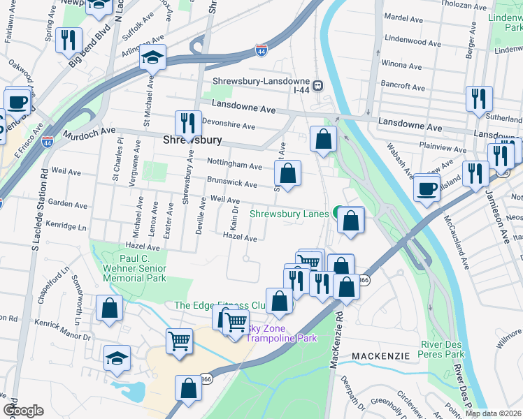 map of restaurants, bars, coffee shops, grocery stores, and more near 5006 Hi View Avenue in St. Louis