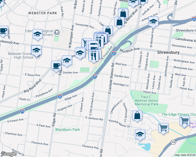 map of restaurants, bars, coffee shops, grocery stores, and more near 148 South Old Orchard Avenue in Webster Groves