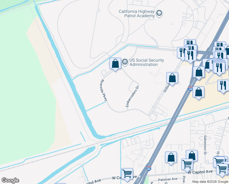 map of restaurants, bars, coffee shops, grocery stores, and more near 885 Riverside Parkway in West Sacramento