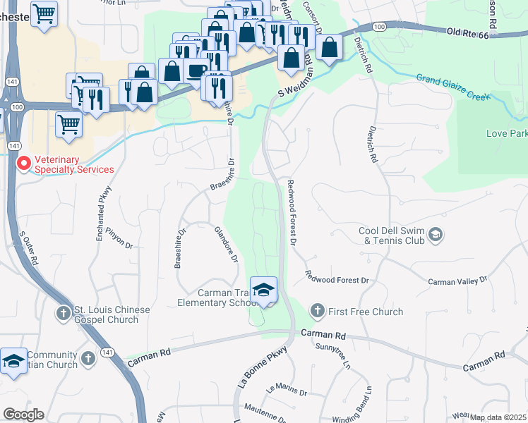 map of restaurants, bars, coffee shops, grocery stores, and more near 414 Point Return Drive in Ballwin