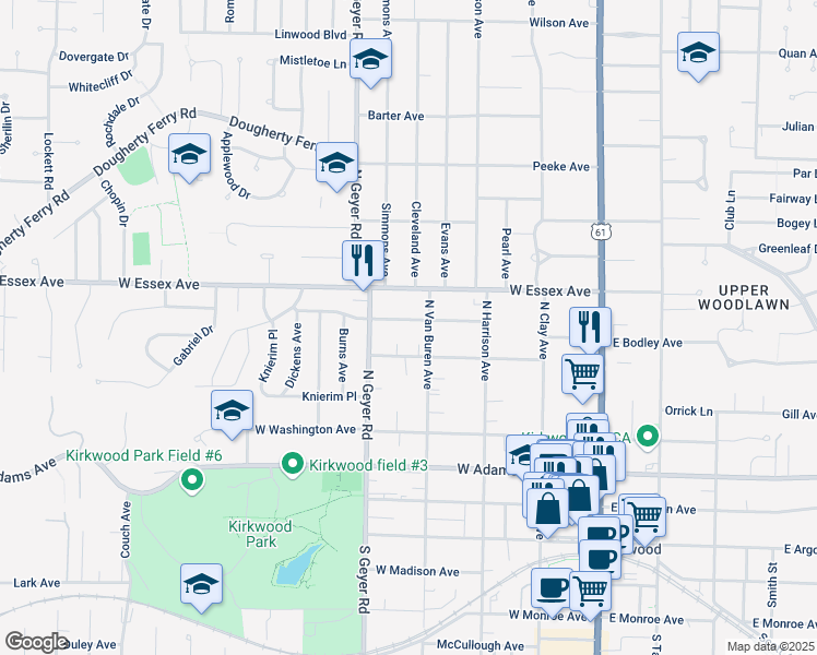 map of restaurants, bars, coffee shops, grocery stores, and more near 414 Central Place in Kirkwood