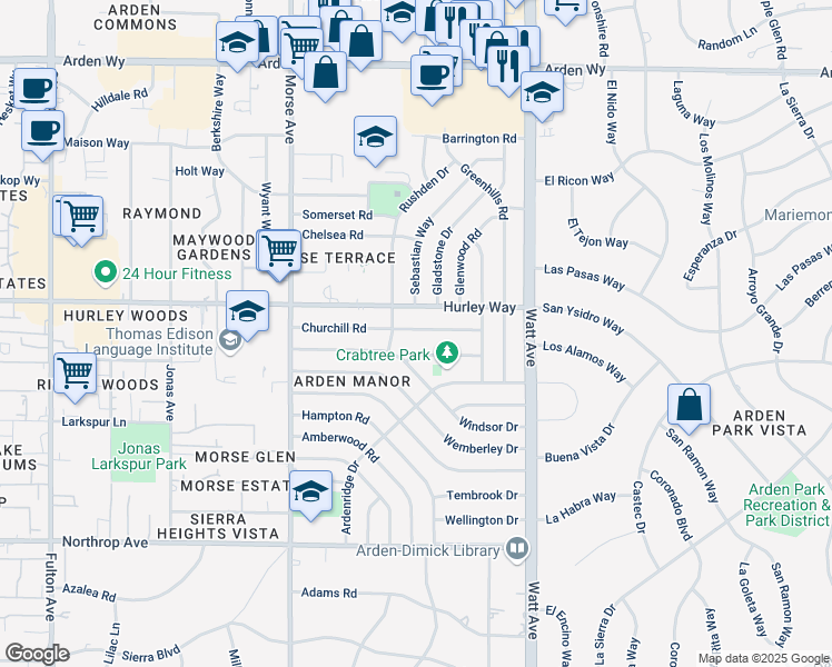 map of restaurants, bars, coffee shops, grocery stores, and more near 3244 Churchill Road in Sacramento