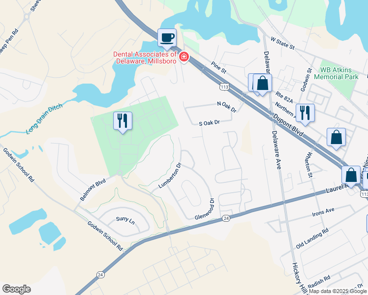 map of restaurants, bars, coffee shops, grocery stores, and more near 29225 Mayesville Way in Millsboro