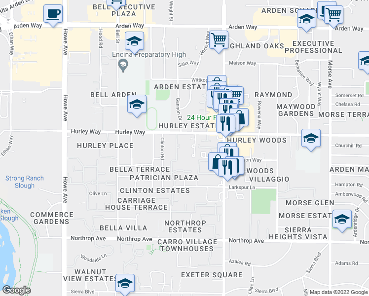 map of restaurants, bars, coffee shops, grocery stores, and more near 2404 Hurley Way in Sacramento