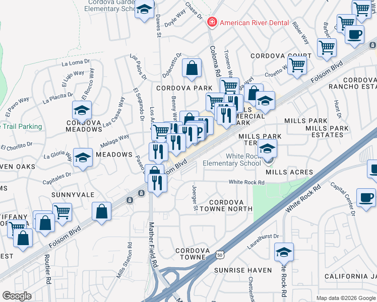 map of restaurants, bars, coffee shops, grocery stores, and more near 10339 Folsom Boulevard in Rancho Cordova