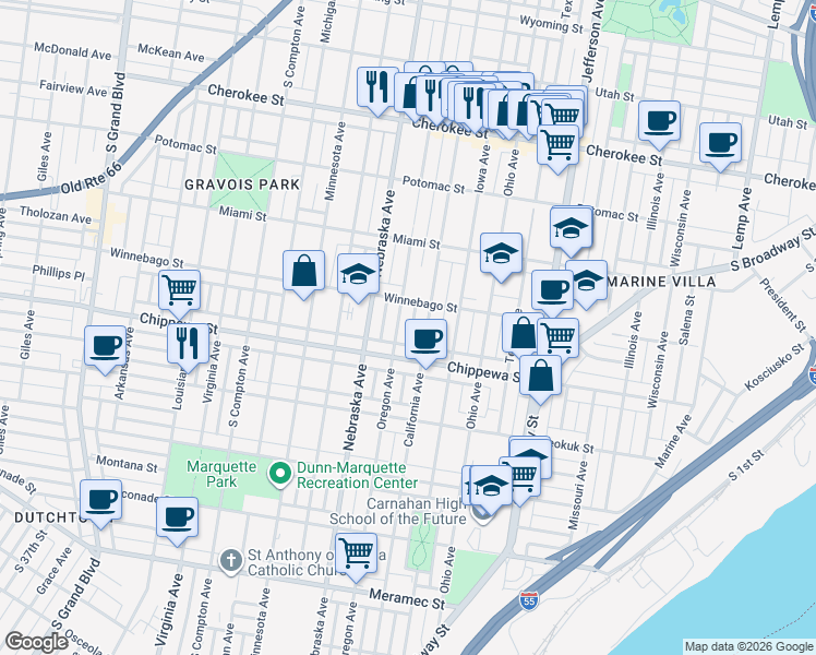 map of restaurants, bars, coffee shops, grocery stores, and more near 3737 Oregon Avenue in St. Louis