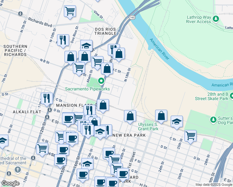 map of restaurants, bars, coffee shops, grocery stores, and more near 99 North 17th Street in Sacramento