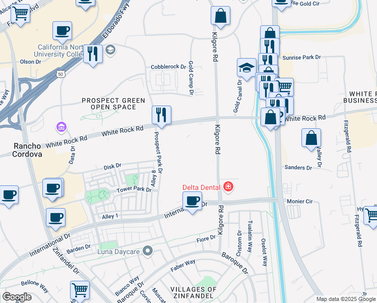 map of restaurants, bars, coffee shops, grocery stores, and more near 11060 White Rock Road in Rancho Cordova