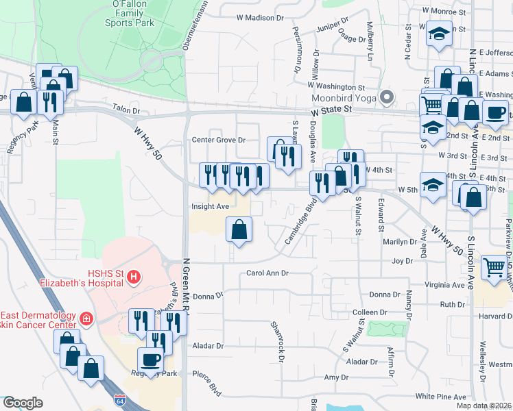map of restaurants, bars, coffee shops, grocery stores, and more near 721 West Highway 50 in O'Fallon