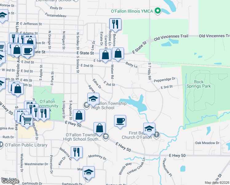 map of restaurants, bars, coffee shops, grocery stores, and more near 301 Weber Road in O'Fallon