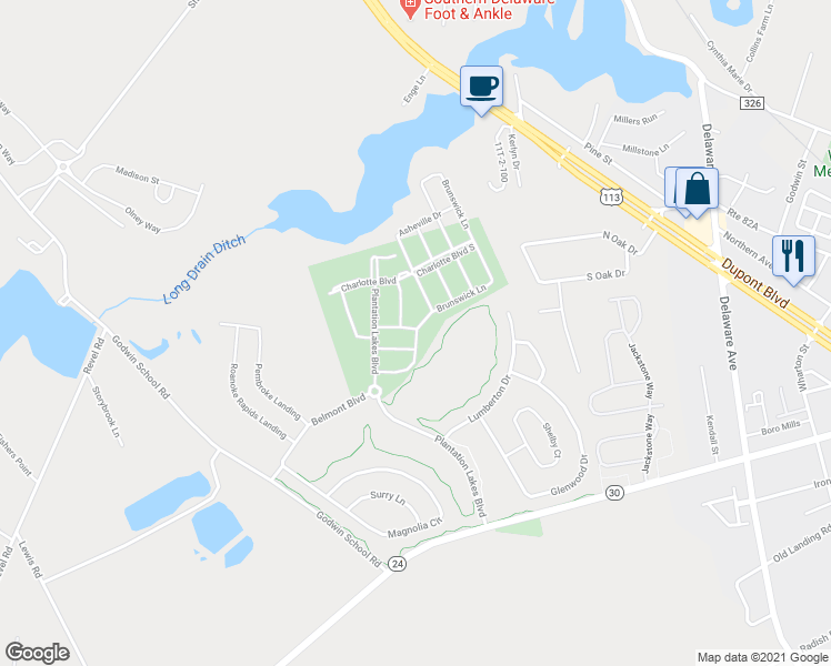 map of restaurants, bars, coffee shops, grocery stores, and more near 20899 Brunswick Lane in Millsboro