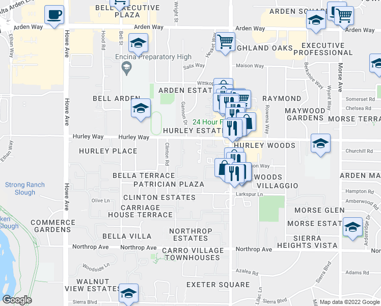 map of restaurants, bars, coffee shops, grocery stores, and more near 2404 Hurley Way in Sacramento