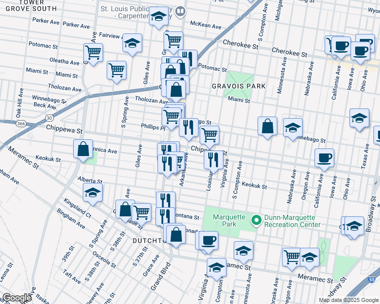 map of restaurants, bars, coffee shops, grocery stores, and more near 3457 Dunnica Avenue in St. Louis