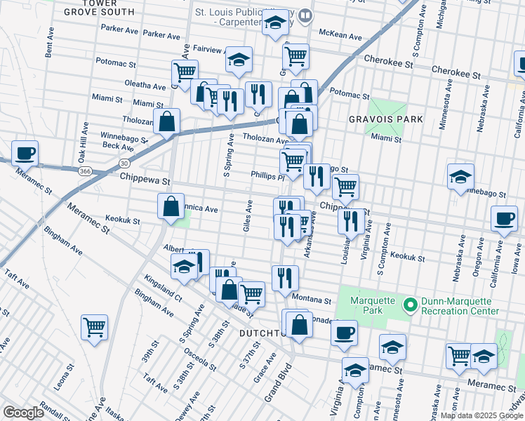 map of restaurants, bars, coffee shops, grocery stores, and more near 3638 Dunnica Avenue in St. Louis