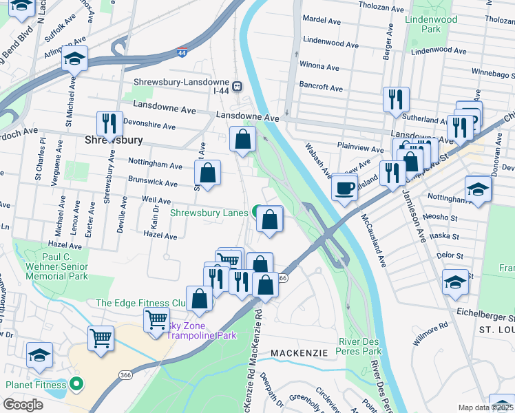 map of restaurants, bars, coffee shops, grocery stores, and more near 7141 Weil Avenue in St. Louis