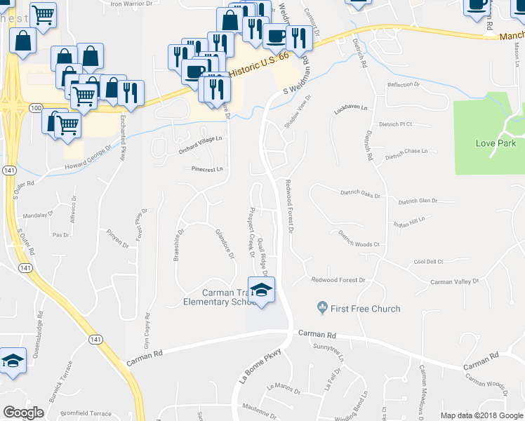 map of restaurants, bars, coffee shops, grocery stores, and more near 359 Old Meramec Station Road in Ballwin