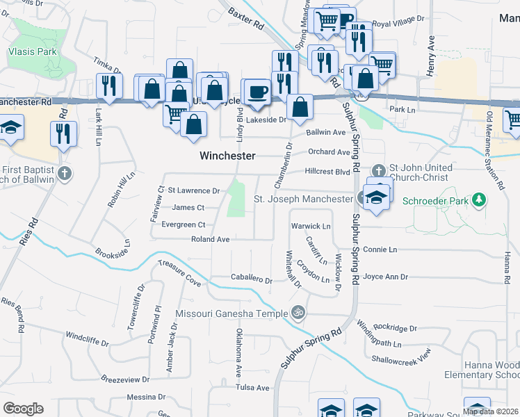 map of restaurants, bars, coffee shops, grocery stores, and more near 441 Rosedale Terrace in Ballwin