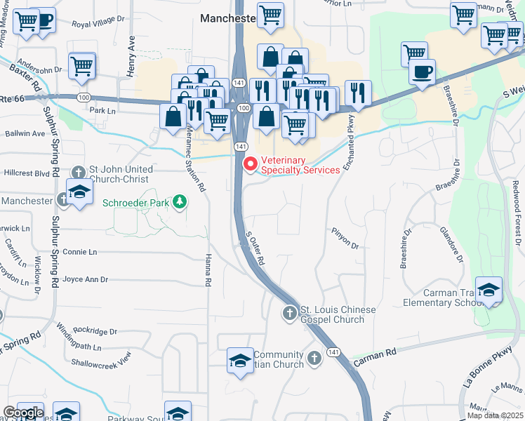 map of restaurants, bars, coffee shops, grocery stores, and more near 4 Mandalay Drive in Ballwin