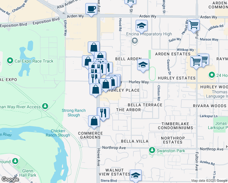 map of restaurants, bars, coffee shops, grocery stores, and more near 1250 Howe Avenue in Sacramento