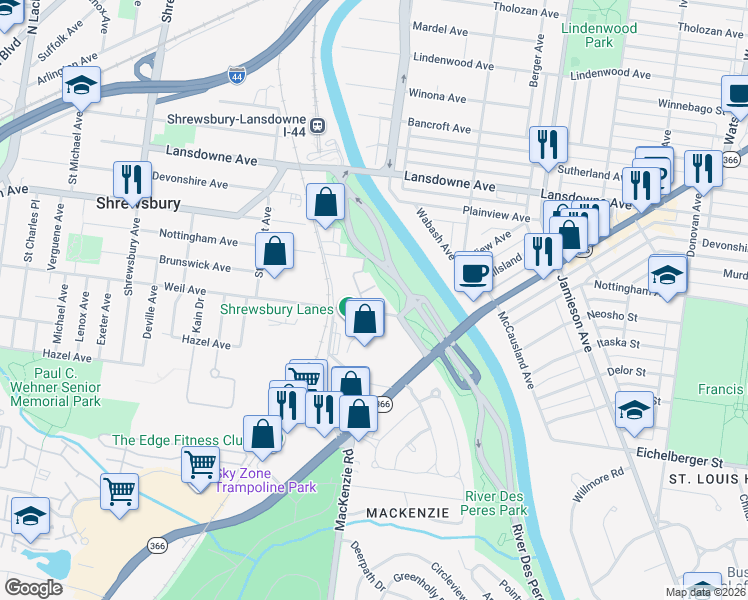 map of restaurants, bars, coffee shops, grocery stores, and more near 7009 Weil Avenue in St. Louis