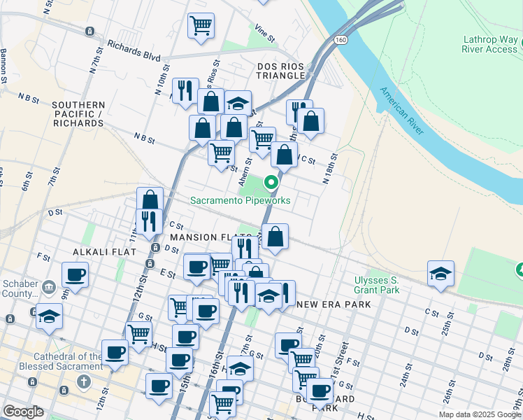 map of restaurants, bars, coffee shops, grocery stores, and more near 1590 A Street in Sacramento
