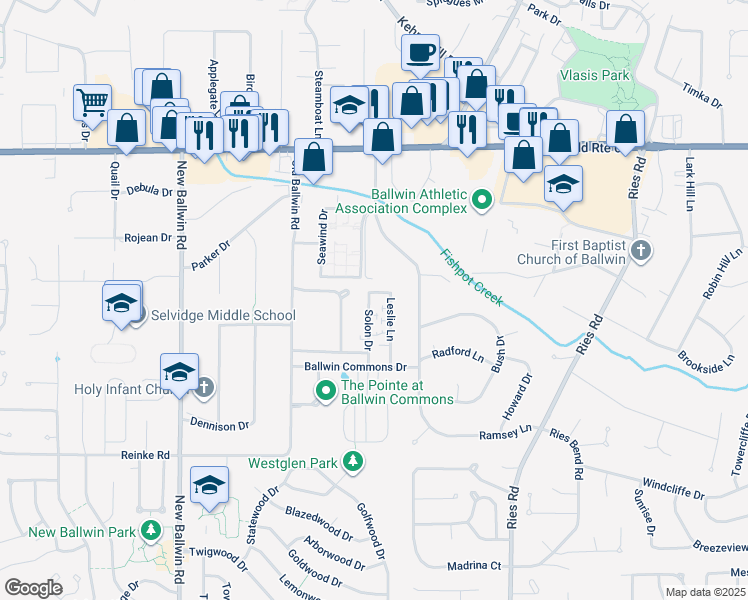 map of restaurants, bars, coffee shops, grocery stores, and more near 230 Solon Drive in Ballwin